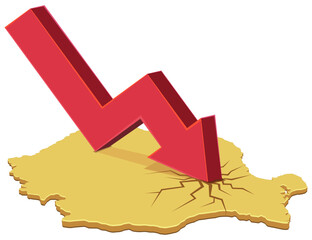 Romania map (yellow color) cracked by a giant red arrow plunging downward. Concept for economic crisis, recession, or financial shock in Europe. (cut out)