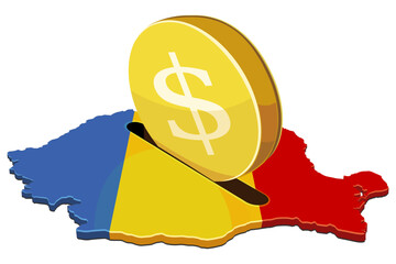 Romania flag map acting as a piggy bank receiving a giant golden dollar coin. Concept for foreign investment, national finance, or taxation. (cut out)