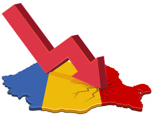 Romania map (flag colors) cracked by a giant red arrow plunging downward. Concept for economic crisis, recession, or financial shock in Europe. (cut out)