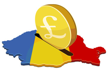 Romania flag map acting as a piggy bank receiving a giant golden pound coin. Concept for foreign investment, national finance, or taxation. (cut out)