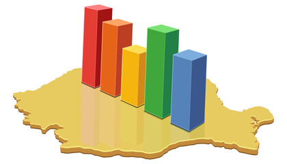 Romania map (yellow color) with multicolored rising bar charts. Concept for economic growth, statistics, data, or market analysis in Europe. (cut out)