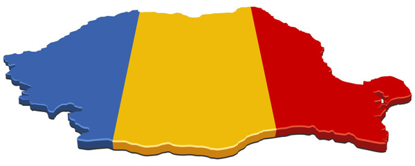 Map of Romania colored with the national flag (blue, yellow, red vertical stripes). Concept for geography, politics, or economy. (cut out)