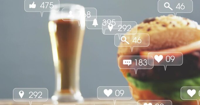 After beer focus social bubbles appearing, burger entering, camera shifting showing social buzz