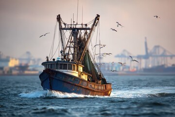 Coastal fishing boat approaching port to land its catch under a calm sea