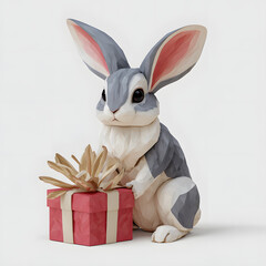  Geometric style gray bunny rabbit sitting beside a red present with a golden bow on a white background