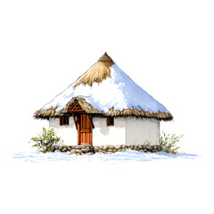 Hand-drawn traditional round hut with a snow-covered thatched roof and wooden door during a winter landscape