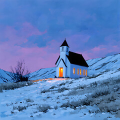  Isolated rural church building with glowing windows on a snowy hill during winter evening