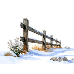  A weathered wooden fence covered in fresh winter snow with dried grass and small white wildflowers