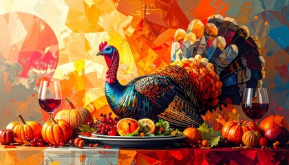 Abstract Thanksgiving Dinner Artwork,A creative abstract art interpretation of a Thanksgiving meal in vibrant colors.