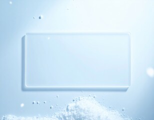 Glowing rectangular translucent panel with soft rounded corners rests gently on a light blue surface featuring scattered white powder.