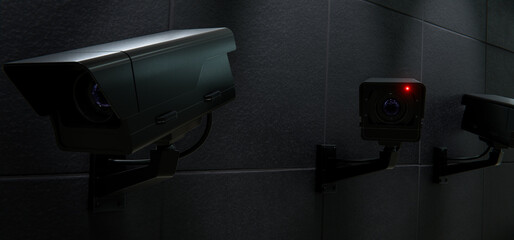 Black security cameras, surveillance on black wall, total control background