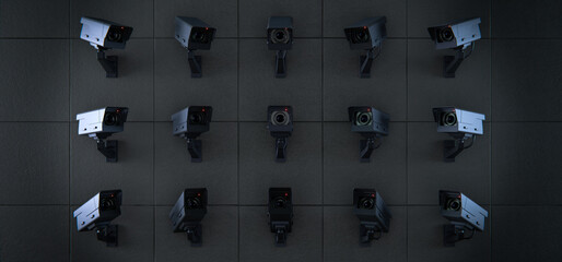 Security, CCTV, surveillance cameras on dark wall, total control background