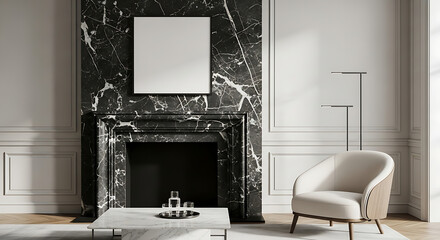 Modern living room with marble fireplace, cozy armchair, elegant decor, minimalist luxury interior design