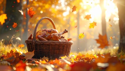 Outdoor Thanksgiving Forest Picnic,A nature-inspired outdoor Thanksgiving picnic with warm autumn ambience.