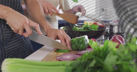 Chopping pepper on board using knife by woman, man stirring pan, overlay sweeping across, cooking