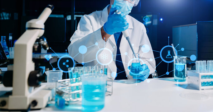 Scientist working with a microscope in a high-tech lab, showcasing biotech, medical research, and futuristic innovation. - Powered by Adobe