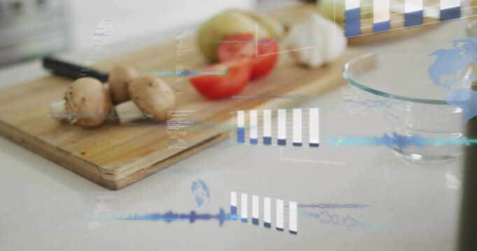 Camera shifting focus from bottle toward board, translucent overlays animating to highlight produce