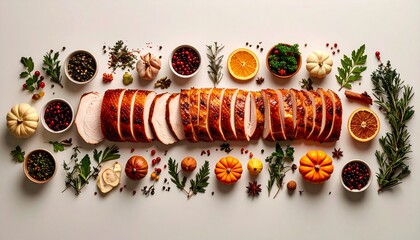 Minimalist Thanksgiving Dinner Flat Lay,A clean flat-lay composition of a modern Thanksgiving meal arranged in geometric balance.