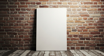 Empty white frame on brick wall with warm sunlight and wooden floor minimalist decor