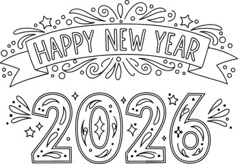 Happy new year 2026 hand drawn silhouette isolated on transparent background