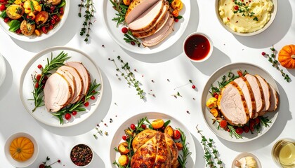 Minimalist Thanksgiving Dinner Flat Lay,A clean flat-lay composition of a modern Thanksgiving meal arranged in geometric balance.