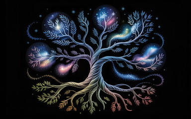 Naklejka premium Stylized Tree of Life with Cosmic Orbs and Starry Branches
