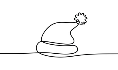 Minimal continuous line drawing of a winter hat with pom pom, simple single-line illustration of seasonal clothing accessory on clean white background