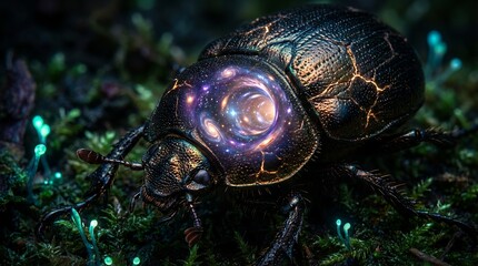 Highly detailed, dark metallic beetle with a miniature swirling cosmic wormhole embedded in its shell, glowing in a mystical, dark forest environment.