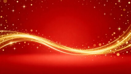 Abstract Christmas holiday background with glowing golden light trails, soft sparkle particles, red gradient backdrop, modern festive design, clean copy space, luxury Christmas theme, ultra HD, RGB