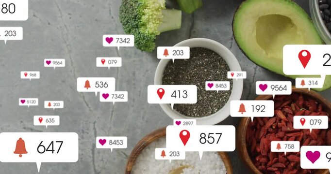 Notice popping above chia bowl, tags flooding over bowls, spoon scooping salt, showing buzz