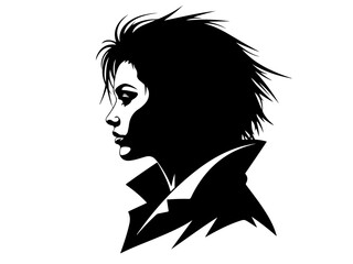 A striking black and white silhouette of a woman's profile with windswept hair and a dramatic collar.