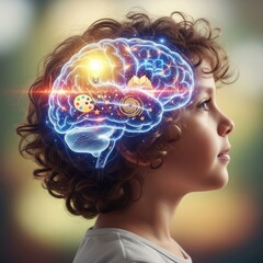 Child s mind illuminated with a glowing brain illustration
