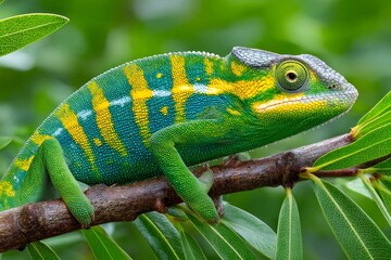 Obraz premium Bright colorful chameleon sitting on tree branch camouflaging