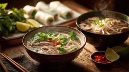 Comforting Vietnamese meal scene with pho bowls and crisp spring rolls