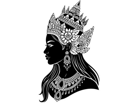 A detailed black and white illustration of a woman's profile wearing an elaborate crown and traditional jewelry.
