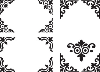 Ornate Corner and Border Embellishment Icon Set Floral Swirl Motifs Black Silhouette Vector Illustration