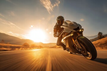 Naklejka premium Confident motorcyclist captured in a lean side pose on a modern sport motorcycle, warm late-day light