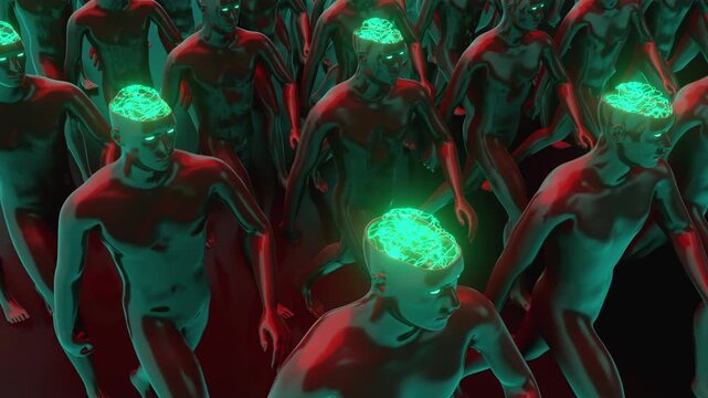 Loop animatin of Dystopian Digital Crowd Walking with Glowing Brains