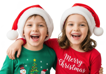 Two happy children wearing santa hats isolated on transparent background