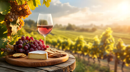 A glass of wine with cheese, crackers, and grapes against a backdrop of vineyards conveys an atmosphere of gastronomic pleasure for advertising and branding materials