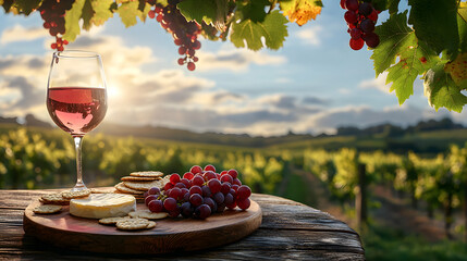 A glass of wine with cheese, crackers, and grapes against a backdrop of sunny vineyards is an exquisite scene for food advertising and wine brands