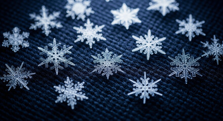 Close-up of intricate and delicate natural snowflakes scattered on a dark blue textured background, symbolizing the serene beauty and frosty elegance of the winter season