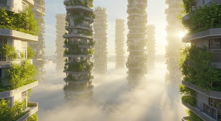 Verdant towers rising above a misty cityscape, bathed in the soft glow of sunrise. Lush vegetation adorns the cylindrical structures