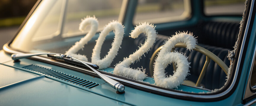 Numbers 2026 drawn in frost on vintage car windshield in winter  