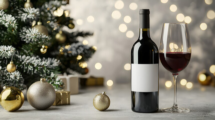 A bottle of wine and a glass against a decorated Christmas tree create an atmosphere of coziness and elegance for beverage advertising, holiday campaigns, and seasonal offers