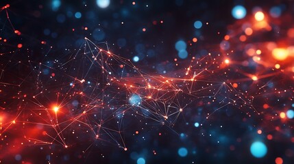 Abstract technological network background with glowing red and blue connected lines and nodes. Digital plexus concept for data, communication, or AI.