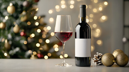 A bottle of wine with a neutral label and a glass against a decorated Christmas tree is an atmospheric winter still life for beverage advertising and holiday campaigns