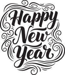 Elegant happy new year silhouette text design isolated on transparent background