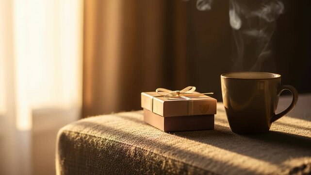 Steaming hot coffee mug and gift box on textured surface in warm sunlight, 4k video
