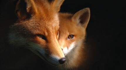 Naklejka premium A captivating image of a fox and its cub. The warm colors highlight their fur. A moment of connection in nature. Ideal for wildlife and animal lovers. AI